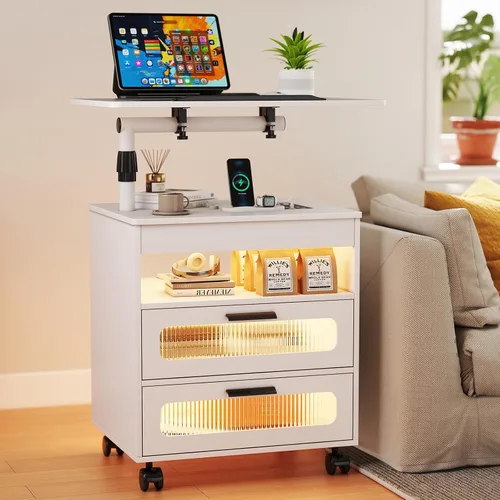 Miniatura 14 de WOOVIVS - Mesita de noche con estación de carga, mesa auxiliar con luces LED, mesa auxiliar inteligente con mesa giratoria ajustable/cajón