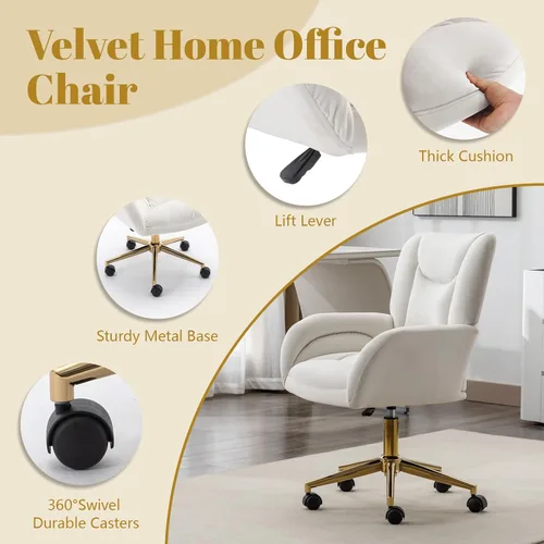 Miniatura 3 de Silla de oficina en casa de terciopelo giratoria de 360°, base de metal dorado, ruedas universales, sillón ergonómico de altura ajustable moderna