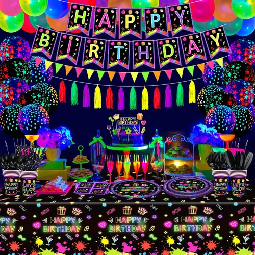 Miniatura 4 de Paquete de 247 suministros de fiesta de neón que brillan en la oscuridad, decoraciones de fiesta con luz negra, platos, pancartas de luz negra
