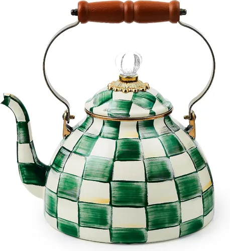Miniatura 17 de MACKENZIE-CHILDS Tetera esmaltada, elegante tetera para estufa, cuadros cortesanos en blanco y negro, 3 cuartos de galón color fantasía