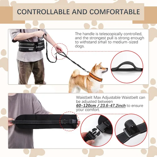 Miniatura 3 de Correa para perro con cinturón, costuras reflectantes, asas dobles, diseño retráctil elástico, perfecto para correr, negro, adecuado para perros