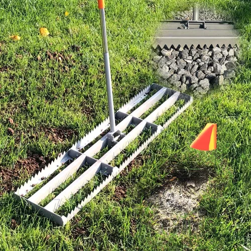 Rastrillo de nivelación de césped, nivelador de doble cara 2 en 1 con 20 banderas de marcado para punto bajo, acero inoxidable resistente de 48