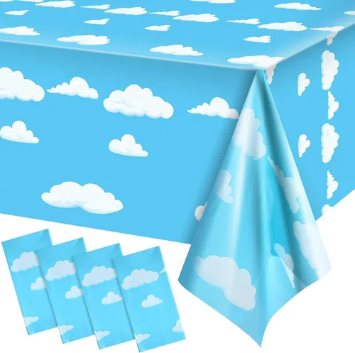 Tatuo 4 piezas de suministros de fiesta de cumpleaños de cielo azul y nubes blancas, mantel de historias de dibujos animados, mantel de mesa de