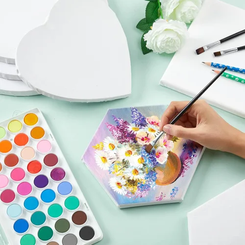 Miniatura 4 de Thenshop 24 piezas de lienzos estirados para pintar tablero de lienzo en blanco a granel, marco cuadrado redondo hexagonal en forma de corazón