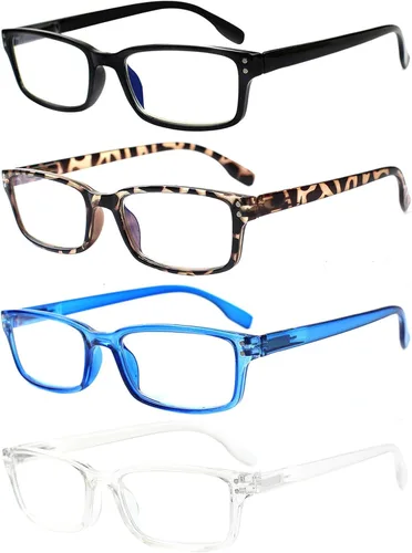 Kerecsen Paquete de 4 lentes de lectura para hombres y mujeres con bisagras de resorte, anteojos rectangulares ligeros de color negro (paquete de 4