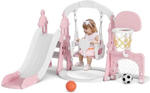 Miniatura 12 de XJD - Juego de tobogán y columpio 6 en 1 para niños pequeños, tobogán para niños de 1 año en adelante, juego de exterior para niños pequeños con aro