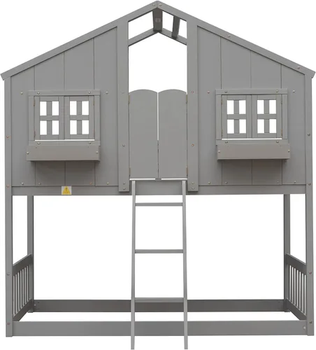 Miniatura 4 de Litera para niños con apariencia en forma de casa, litera de tamaño individual con techo y 2 ventanas, literas de piso de madera maciza para niños