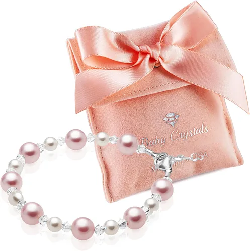 Miniatura 2 de Baby Crystals Bonitas pulseras de plata esterlina para niñas con perlas de imitación rosas y blancas, cristales europeos, joyería para niñas