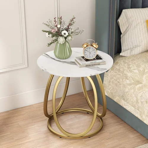 Miniatura 12 de O&K FURNITURE Mesa auxiliar plateada para sala de estar, mesa auxiliar de vidrio para dormitorio, moderna mesita de noche redonda de vidrio