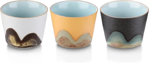 Miniatura 4 de Juego de 3 tazas de té de cerámica, tazas de té japonesas pequeñas, taza de sake de porcelana, juego de té Kung Fu estilo retro (estilo 2#)