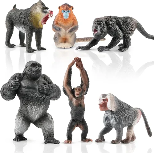 Toymany 6 figuras de primates, juego de animales de mono de la selva de plástico, incluye mono, simio, chimpancé, gorila, juguetes para niños