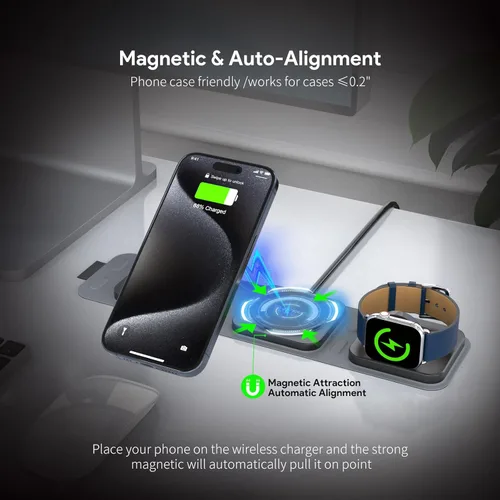 Miniatura 7 de Cargador de viaje inalámbrico 3 en 1 para iPhone, Airpods, Apple Watch - 15 W, 5 W, 2.5 W, para reloj de teléfono inteligente, compacto, plegable
