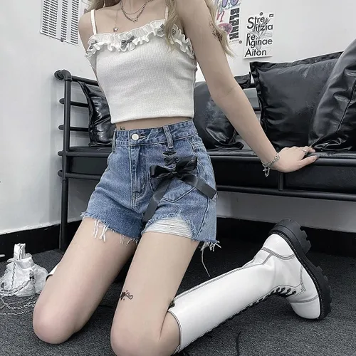 Miniatura 5 de ZLMuMulin Y2K Harajuku Style Kawaii Pastel Gothic Fashion High Waist Wide Leg Vintage Ribbon Ripped Jeans Shorts