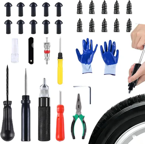 Kit de reparación de pinchazos de neumáticos sin cámara con tapón de seta, repara pinchazos y neumáticos planos para motocicletas, automóviles,