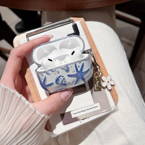 Miniatura 5 de MINSCOSE Compatible con AirPods Pro de 2ª/1ª generación, bonito diseño de patrón de conchas y estrellas de mar con llavero, funda protectora de TPU