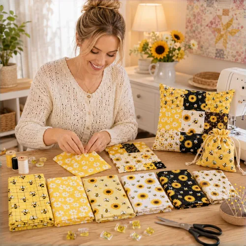 Miniatura 8 de SZRUIZFZ Bee Fat Quarters, paquetes de tela 100% algodón de 18 x 22 pulgadas, impresiones de panal de margaritas de girasol para acolchar, costura
