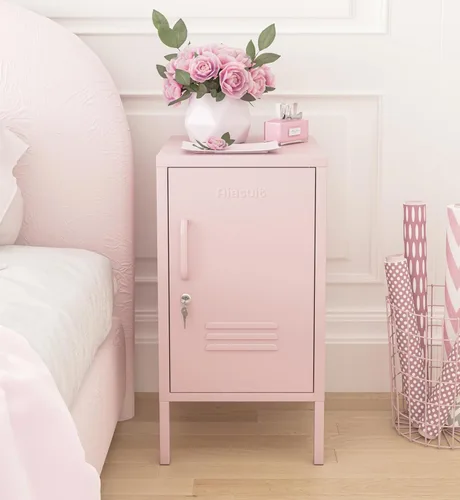 Miniatura 2 de Mesa auxiliar de una sola puerta, armario de almacenamiento de metal con cerradura, mesita de noche para niños de 2 niveles con estante ajustable