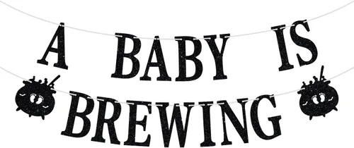 Cartel con texto en inglés "A Baby is Brewing", tema de Halloween, primer cumpleaños, baby shower, revelación de género, celebración de embarazo,