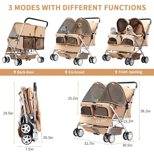 Miniatura 4 de Cochecito doble para mascotas, cochecito plegable para 2 perros y gatos, porta mascotas de dos plazas, para paseos y viajes, con almacenamiento