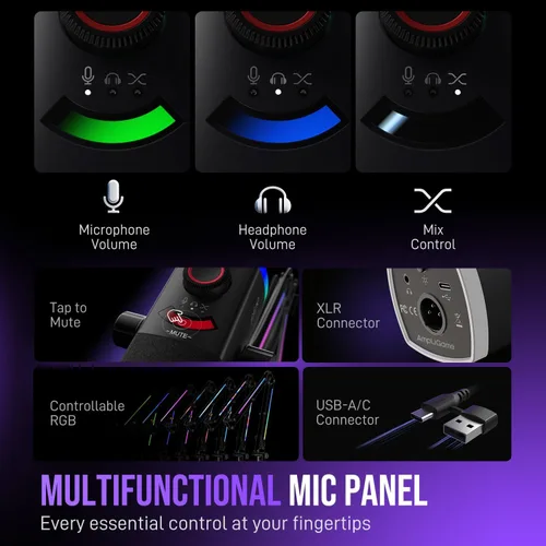 Miniatura 6 de Kit de micrófono de juego FIFINE, micrófono dinámico XLR/USB para PC con brazo articulado para grabación de podcast, juego de micrófono RGB