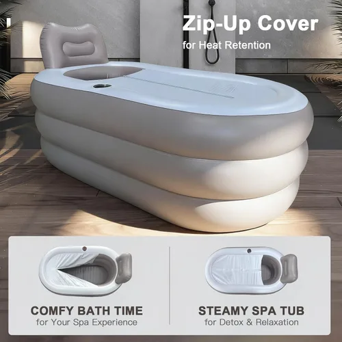 Miniatura 3 de B&Y Bañera portátil para adultos, bañera de hielo, bañera de hidromasaje familiar con cubierta de cremallera, diseñada con reposacabezas, portavasos