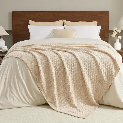 Miniatura 5 de Manta de punto beige para sofá, manta de punto de tablero de ajedrez beige para cama, manta de punto reversible suave y acogedora, 50 x 60 pulgadas