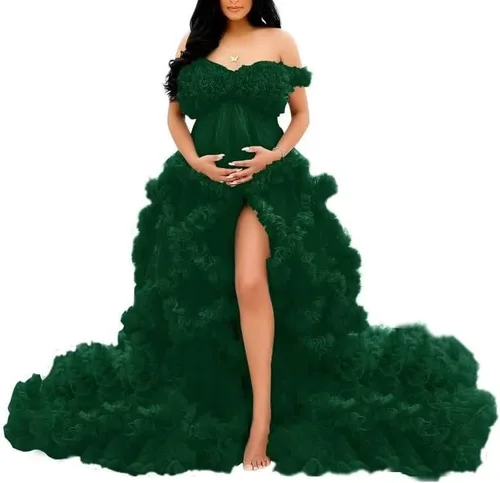 UZN Vestidos de maternidad de tul con hombros descubiertos para sesión de fotos, batas largas hinchadas, vestido de embarazo transparente para baby