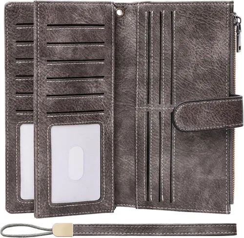 Miniatura 9 de XINNSTAR Cartera para mujer con bloqueo RFID de gran capacidad, cartera larga para mujer con bolsillo de muñeca, con ventana para tarjeta