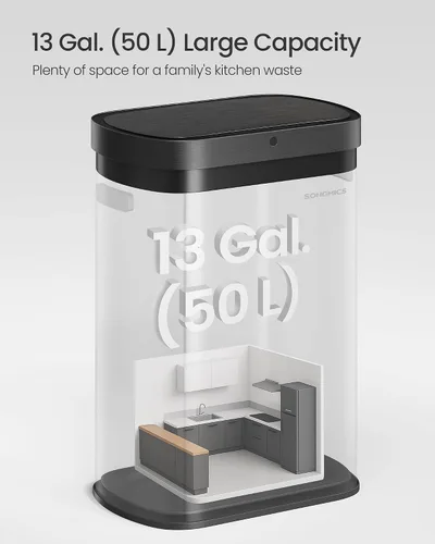 Miniatura 6 de SONGMICS Bote de basura automático con sensor de movimiento, 13 galones (50 L) con tapa de cierre suave, acero inoxidable, onda o táctil para abrir