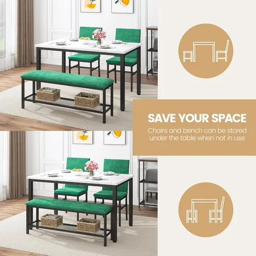 Miniatura 7 de YOFE Juego de mesa de comedor para 4, mesa de cocina de mármol sintético, juego de sillas de mesa de cocina con sillas de terciopelo, banco con red
