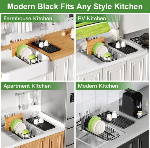 Miniatura 5 de Estante de secado de platos sobre el fregadero, expandible, pequeño, negro, escurridor para secar para la encimera de la cocina, metal de acero