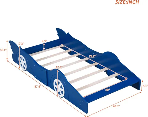 Miniatura 2 de Cama de plataforma con ruedas en forma de auto de carreras para niños, marco de cama de madera con listones de soporte, para niños, dormitorio