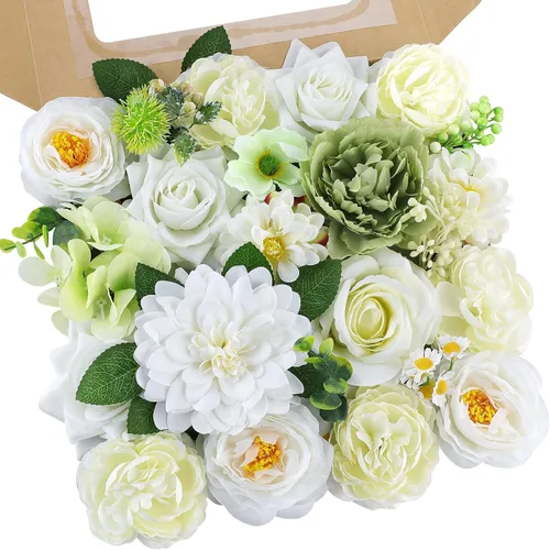 Miniatura 20 de AmyHomie - Juego de flores artificiales blancas, mezcla de seda, peonía, rosa, hortensia, margarita, con tallo, para bricolaje, centros de mesa