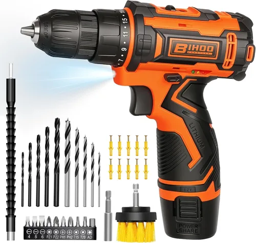 Juego de Taladro Inalámbrico 12V, Kit de Taladro con Batería y Portabrocas sin Llave de 3/8 Pulgadas, 2 Velocidades Variables y 43 Piezas de Brocas