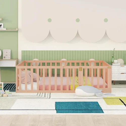Miniatura 3 de Cama de plataforma de tamaño matrimonial con valla, marco de cama de piso de madera maciza con puerta, marco de sofá cama de tamaño matrimonial