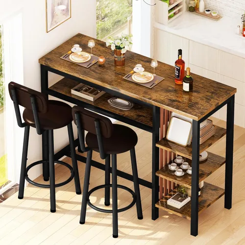DKLGG Juego de mesa de comedor para 2, juego de comedor rústico a altura de bar con almacenamiento y taburetes de mostrador, mesa de isla para Marrón