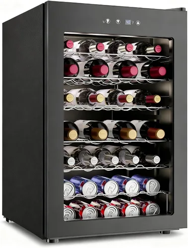 Miniatura 10 de Feelfunn Refrigerador de vino de 12 botellas – Pequeño refrigerador de vino para tinto, blanco, champán, bodega independiente con puerta de vidrio