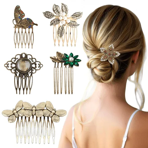 Paquete de 6 peines laterales vintage para mujer, decorativos, mariposa, flores, hojas, perlas, diamantes de imitación, clip de dientes con agarre
