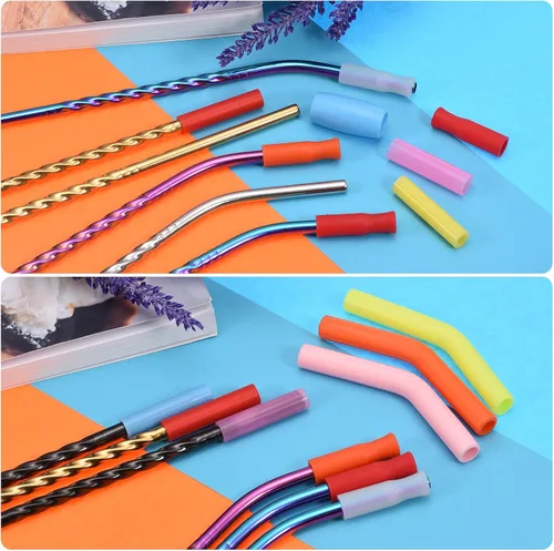 Miniatura 4 de uxcell 24 puntas de popote de silicona, punta de codos de paja de silicona, fundas de paja de metal suaves y reutilizables para popotes de acero