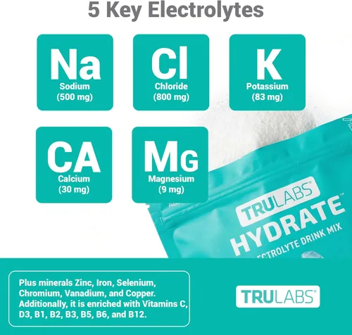 Miniatura 4 de TRULABS Hydrate - Mezcla de bebida con electrolitos – Sabor glaciar, paquetes de hidratación sin azúcar con electrolitos de 1422 mg y 19 vitaminas