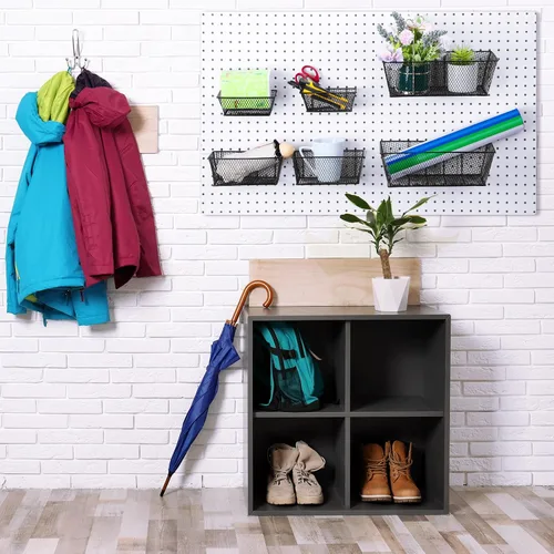 Miniatura 7 de Cestas de tablero de clavijas para montaje en pared, 3 tamaños, accesorios para tablero de clavijas, cesta para el hogar, garaje, organizador Negro
