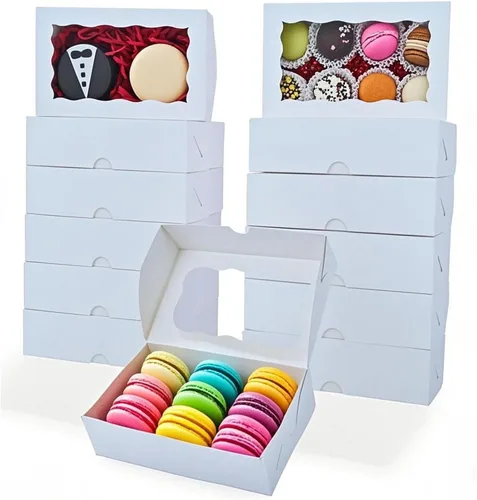 Miniatura 8 de RomanticBaking Paquete de 50 cajas de galletas blancas de 7 x 4 3/8 x 1 1/2 pulgadas, cajas de panadería resistentes con ventana, cajas de macarrón