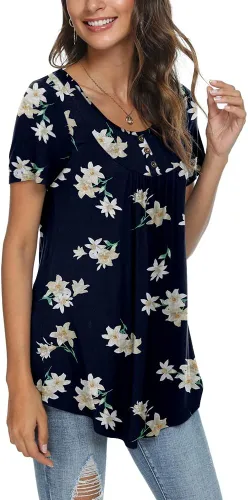 Miniatura 2 de POPYOUNG Women's Casual Short Sleeve Button Tunic Tops Loose Shirts with leggings