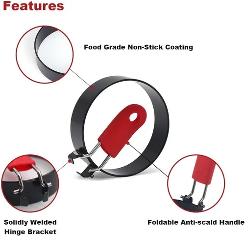 Miniatura 6 de Anillos para huevos de acero inoxidable de 3 pulgadas para Egg McMuffins, paquete de 4, moldes para huevos para freír huevos, anillo para mini Rojo