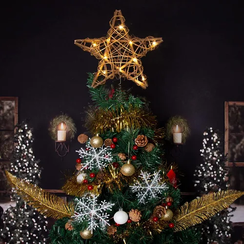 Miniatura 7 de LAWOHO Estrella para la Copa del Árbol de Navidad, Ratán Natural Marrón Rústico de 10 Pulgadas con 10 Luces Blancas Cálidas, Tres Funciones