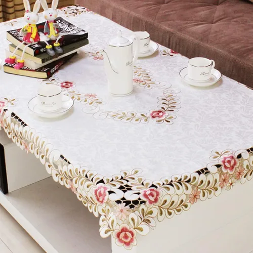 Miniatura 10 de LeLehome - Mantel de encaje bordado con flores cafés, color crema y beige, diseño clásico y tela que no se arruga para mesa de comedor