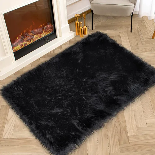 Alfombra negra de piel sintética, 2 x 3 pies, para dormitorio, niños, dormitorio, sofá, decoración del hogar, lavable, esponjosa, manta pequeña,
