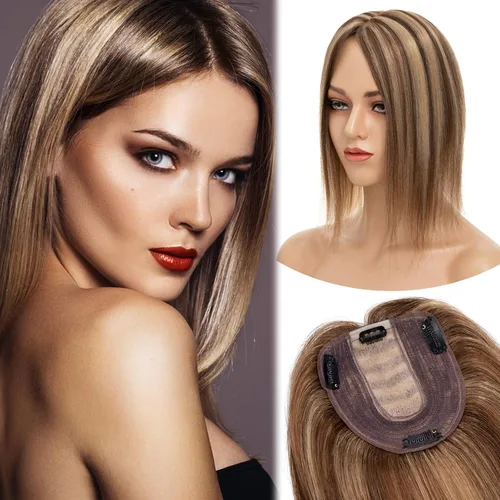 Miniatura 23 de MY-LADY Extensiones de cabello humano para mujeres, cabello natural 10 * 12CM, base de seda con encaje, densidad 130%, pasadores Remy, 6 pulgadas