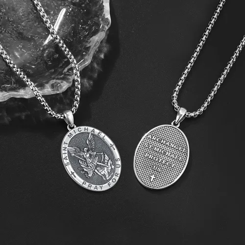 Miniatura 5 de Odinstone Collar de plata de ley 925 con medalla de San MiguelSan CristóbalSan BenitoCrucifijo de JesúsSan UrielArcángel Rafael para hombres