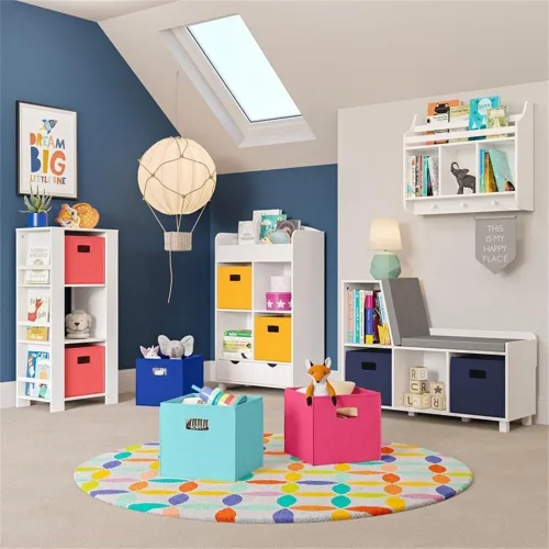Miniatura 3 de RiverRidge Book-Nook Tower - Estantería infantil y organizador de almacenamiento de juguetes con 3 cubos y 6 estantes para libros, organizador
